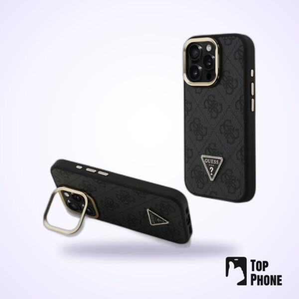 Guess PU 4G Strass Triangle Logo MagSafe-hoes met standaard – iPhone 16 Pro – Zwart