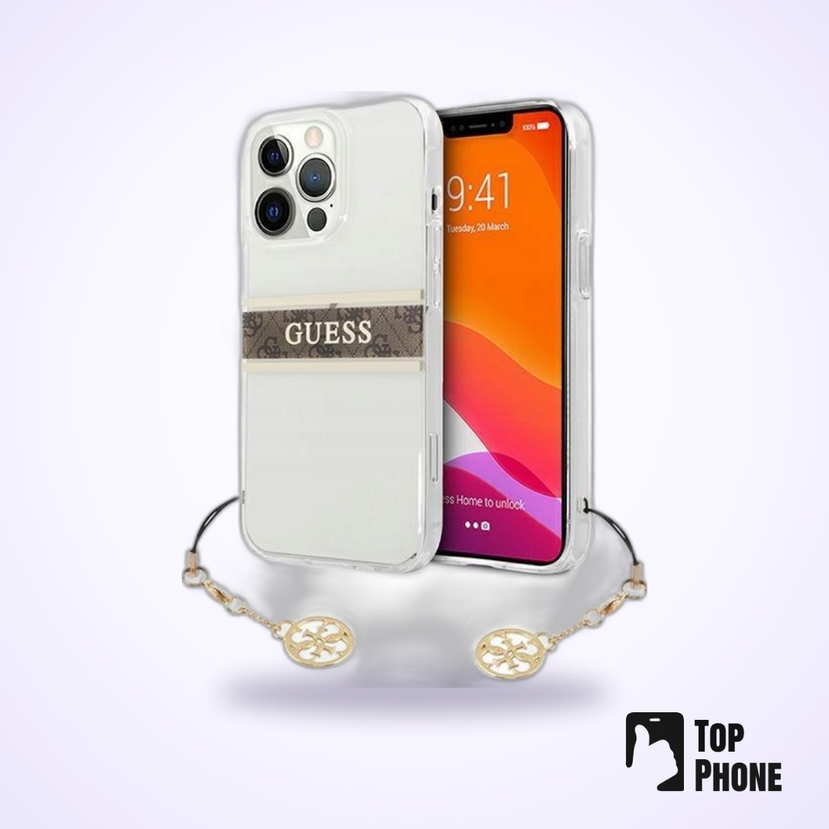 Guess 4G Stripe Charm Bruine Backcover voor iPhone 13 Pro